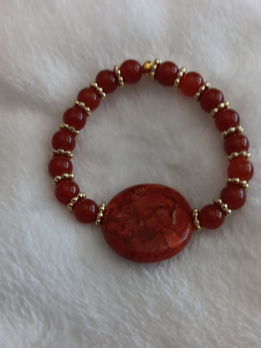 Gold-Accent Rustic Red Beaded Stretch Bracelet with Statement Red Focal Stone